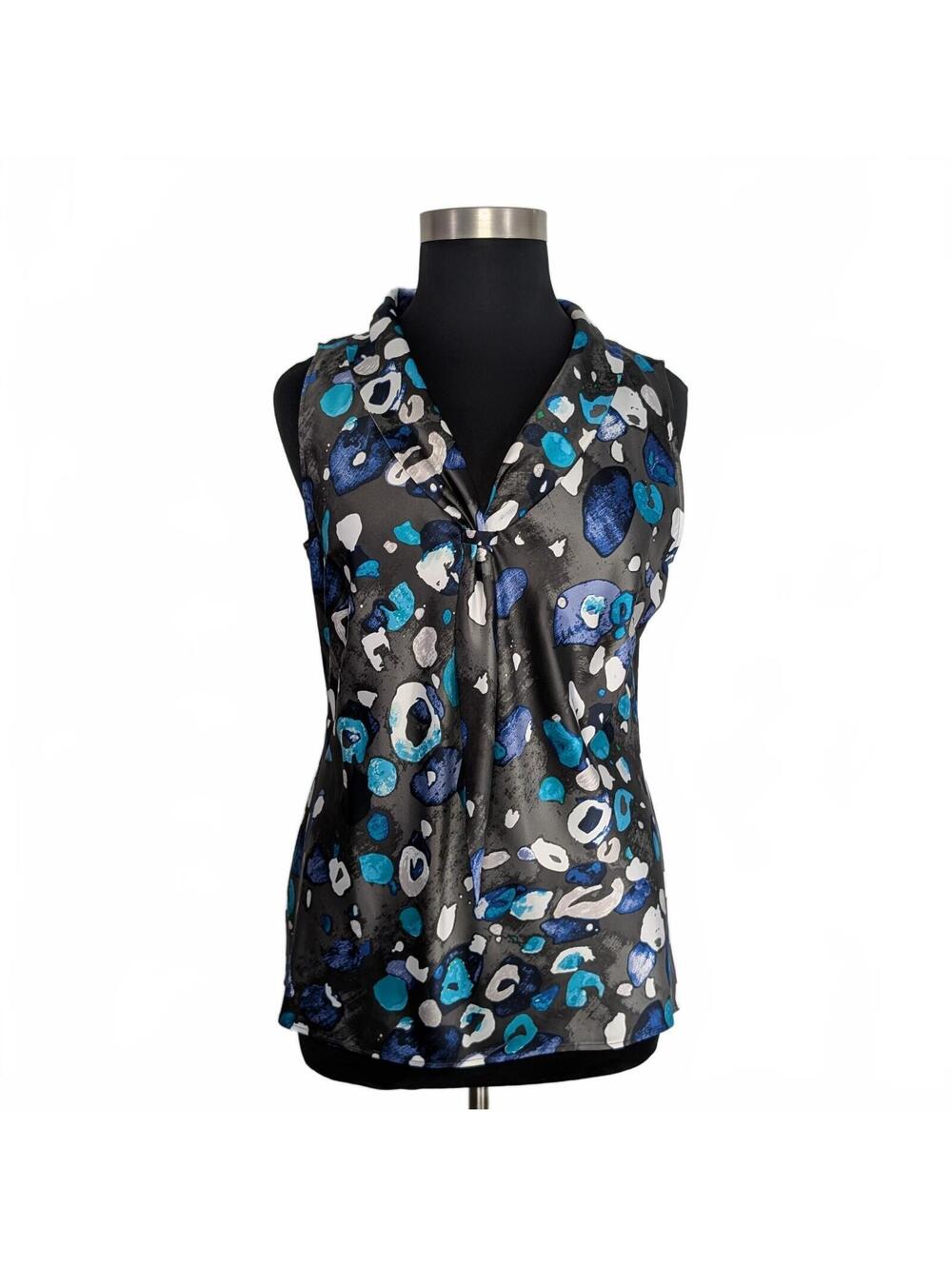 Ann Taylor 16 XL 1X Blue Leopard Sleeveless Top Tie Front 80s Career Whimsy Goth